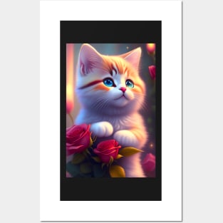 Illustration of adorable cat with roses - Modern digital art Posters and Art